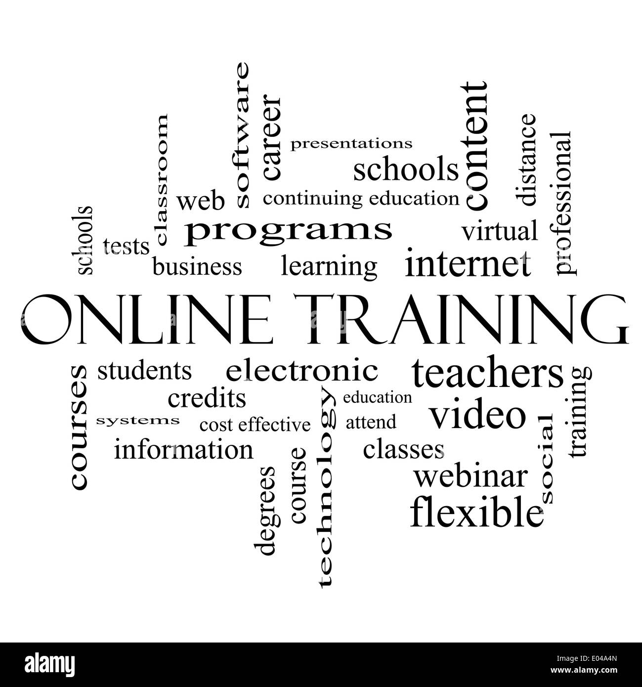 Corsi di formazione online di parola il concetto di cloud in bianco e nero con grande come i termini in formato elettronico, l'istruzione, i video e altro ancora. Foto Stock