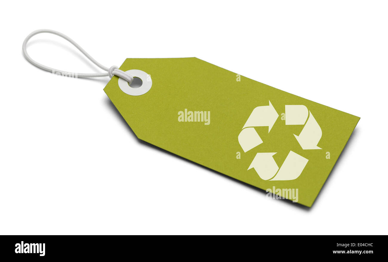 Grande prezzo di etichetta con il simbolo di riciclaggio isolati su sfondo bianco. Foto Stock