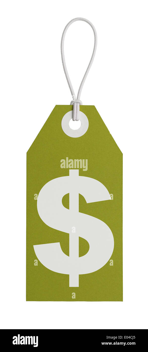 Grande etichetta verde con il simbolo di denaro isolato su sfondo bianco. Foto Stock