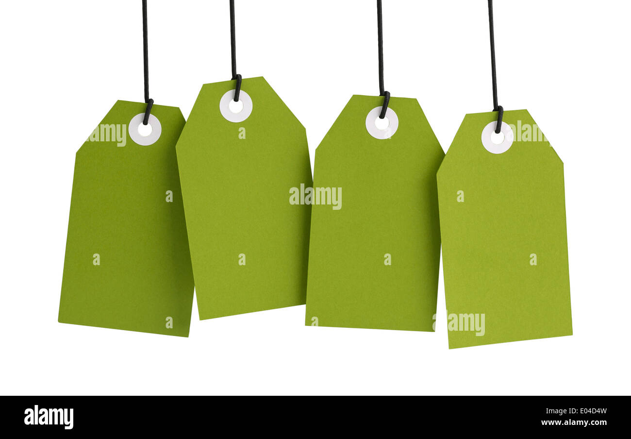 Quattro grandi verde tag con copia spazio isolato su sfondo bianco. Foto Stock Quattro grandi verde tag con copia spazio isolato su sfondo bianco. Foto Stock