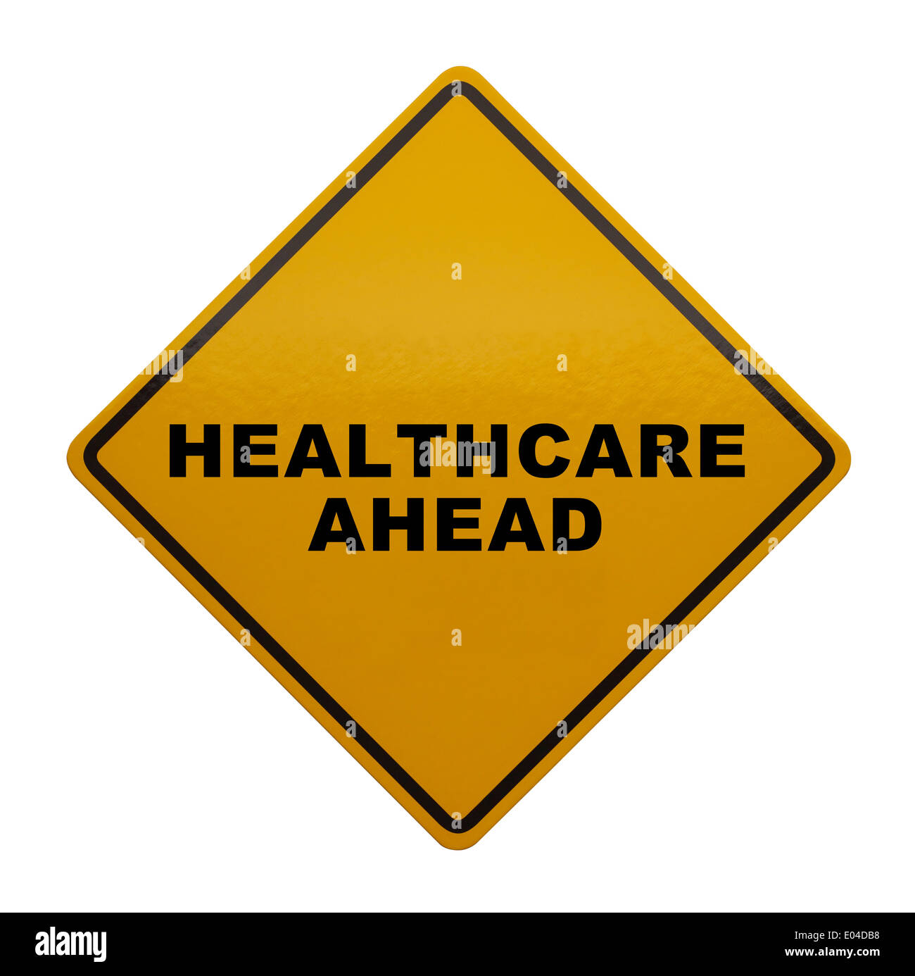 Cartello giallo con Healthcare avanti isolati su sfondo bianco. Foto Stock