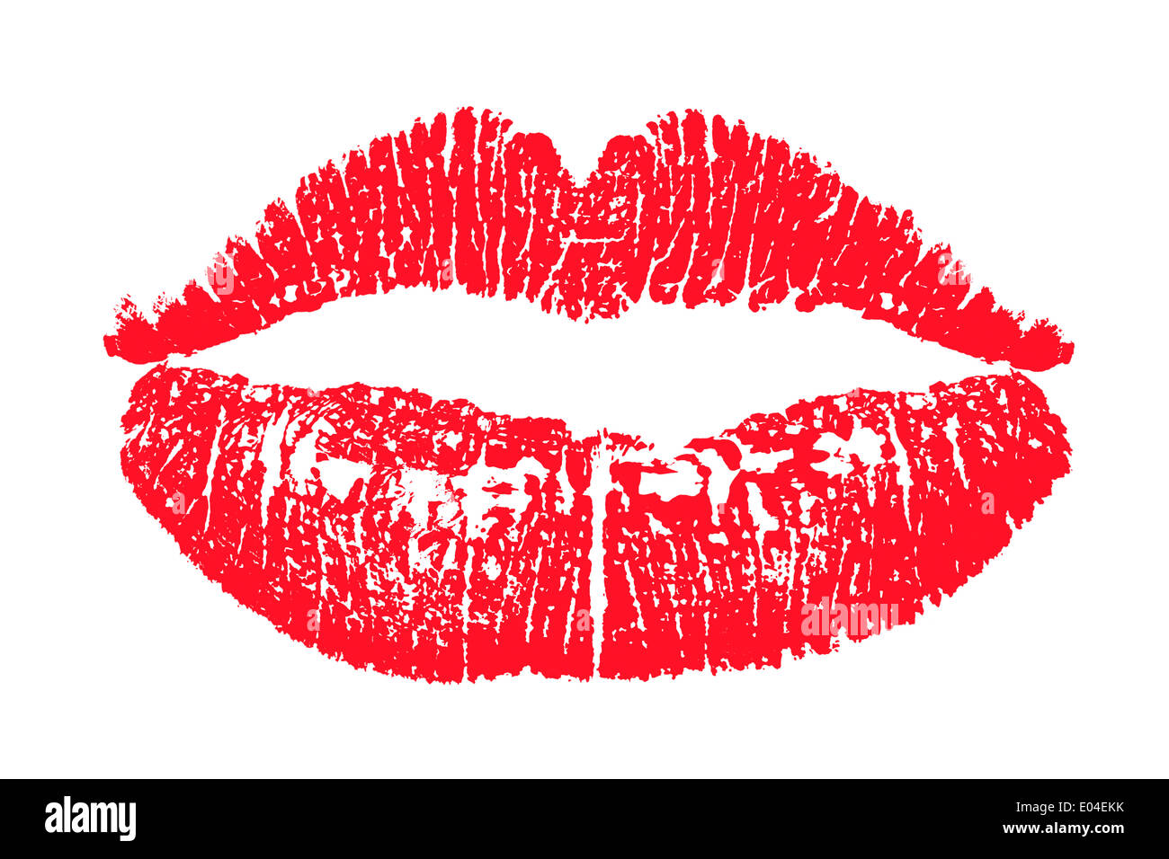 Rossetto rosso Kiss segna isolati su sfondo bianco. Foto Stock