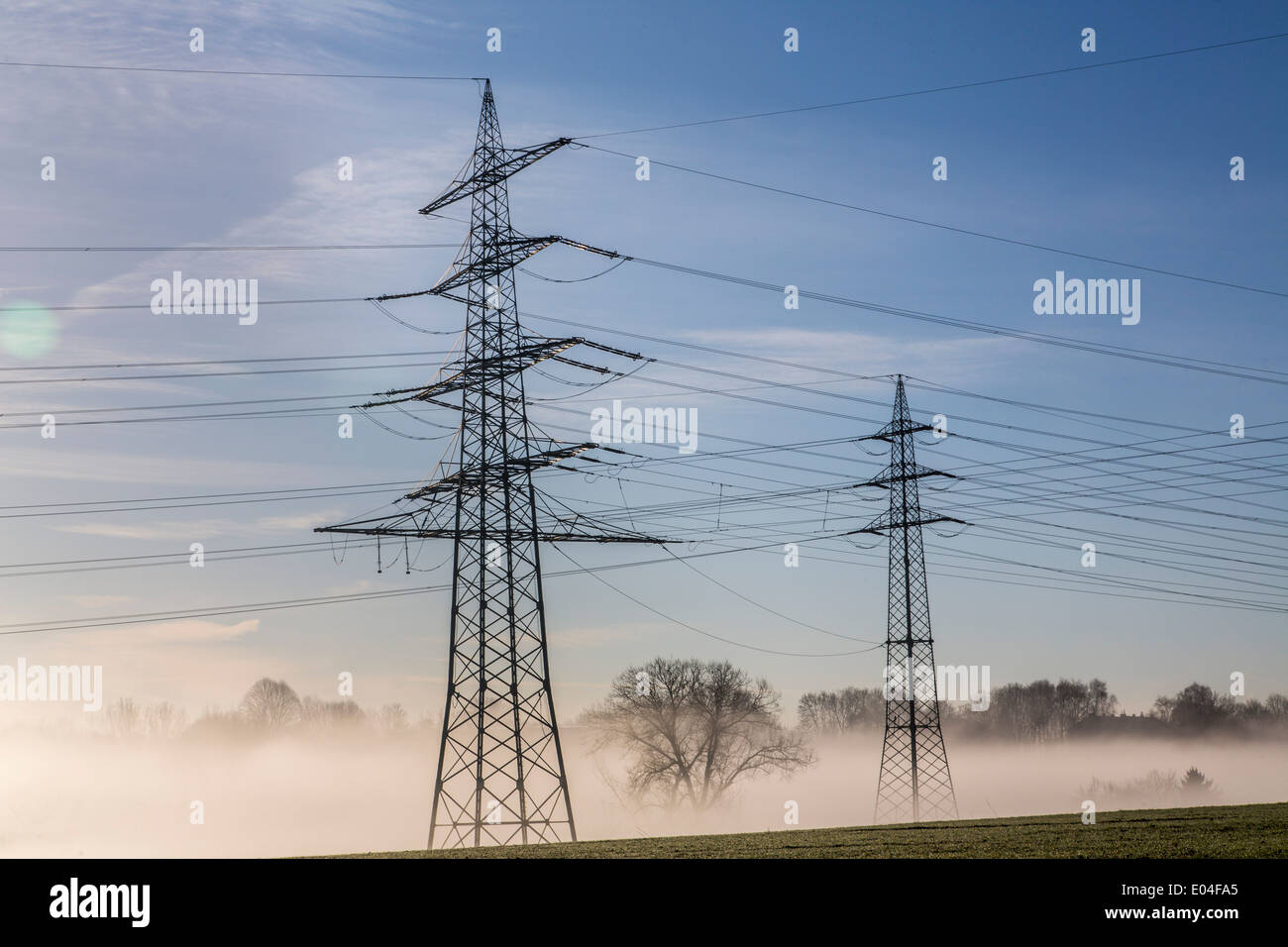 Poli di potenza, linee elettriche nella nebbia mattutina, vicino a Bochum-Werne Foto Stock