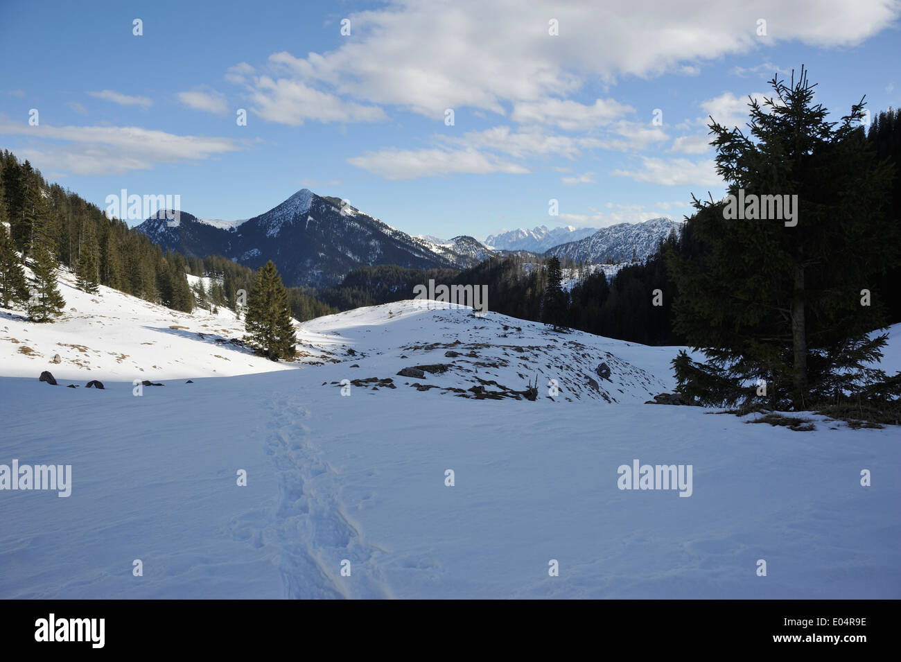 Escursioni con le racchette da neve e piste panorama di montagna in inverno Foto Stock