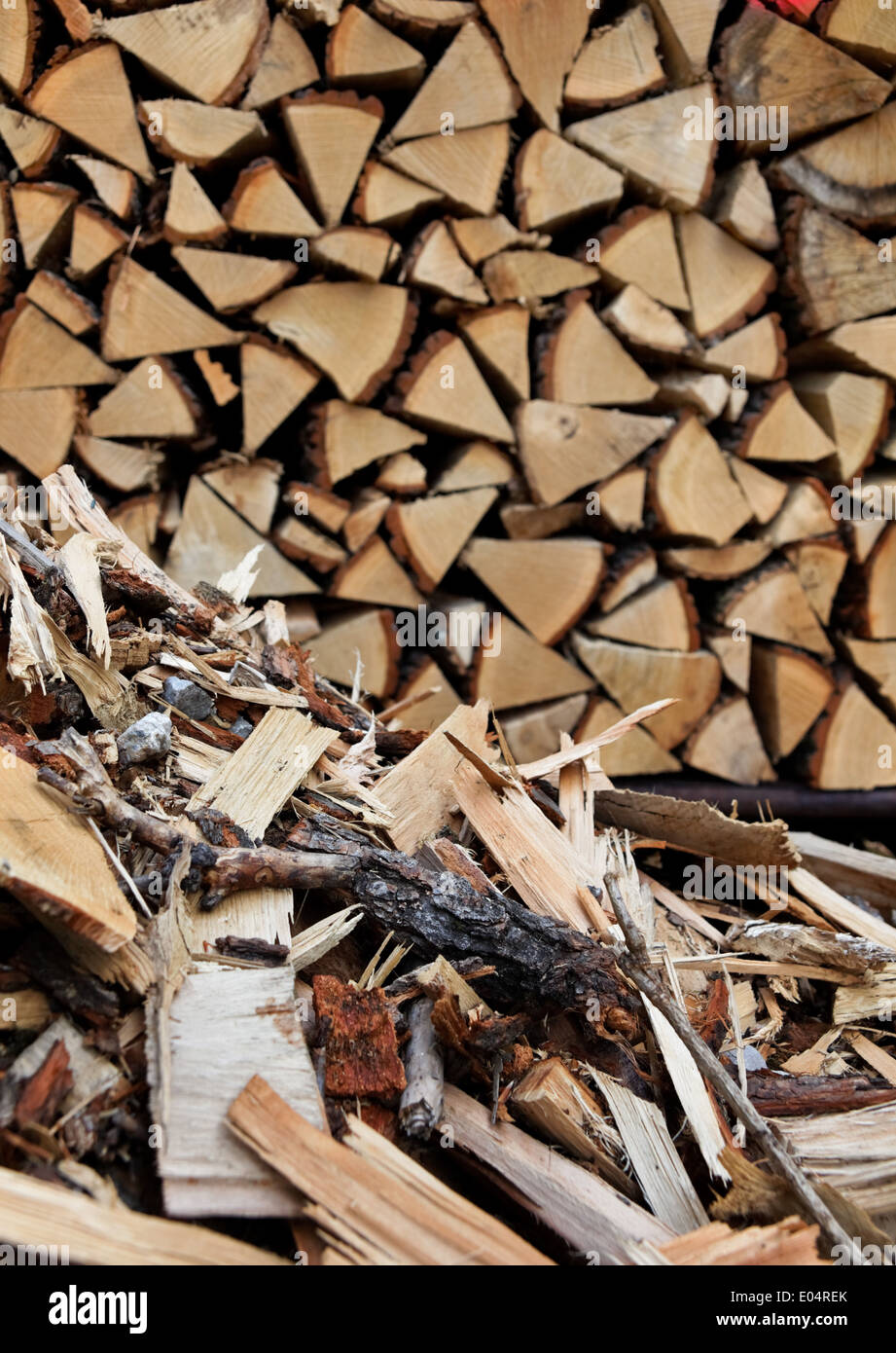 .Di Legna da ardere di energia rinnovabili spese di riscaldamento riscaldamento palo in legno catasta di legno materie prime alternative di calore nuovamente crescente ecologia e Foto Stock