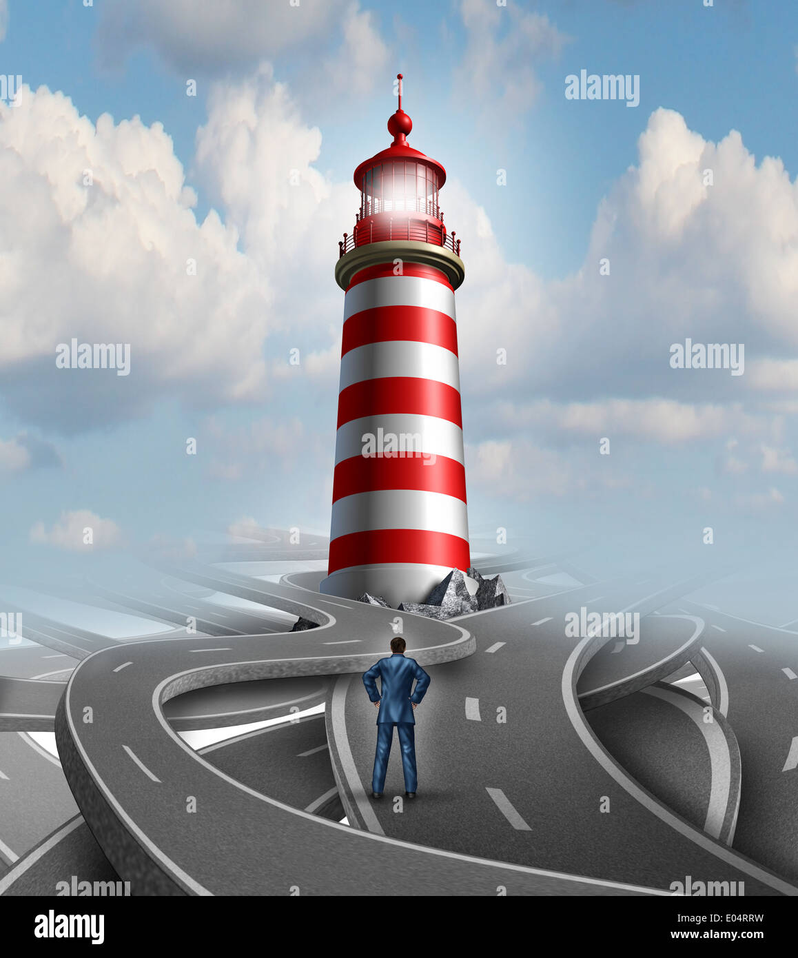 Orientamenti finanziari e di crisi aziendale concetto di soluzione con un imprenditore in piedi su un gruppo di confondere le strade e le strade con una guida di luce da un faro come una metafora per trovare la strada per il successo. Foto Stock Orientamenti finanziari e di crisi aziendale concetto di soluzione con un imprenditore in piedi su un gruppo di confondere le strade e le strade con una guida di luce da un faro come una metafora per trovare la strada per il successo. Foto Stock