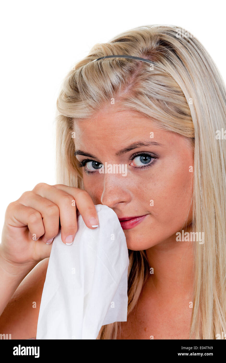 Donna con allergia, febbre da fieno e fazzoletto, Frau mit Allergie, Heuschnupfen und Taschentuch Foto Stock