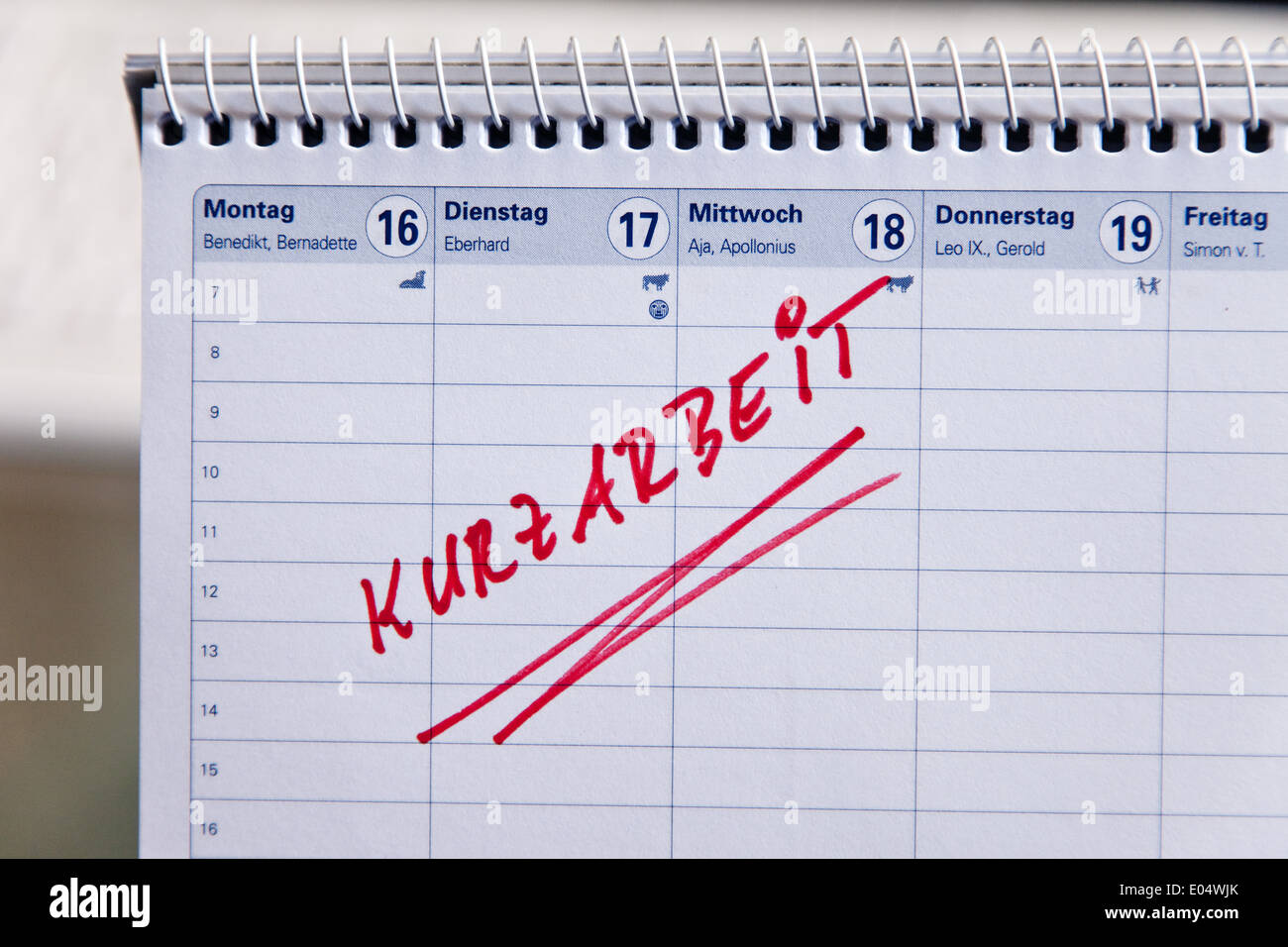 Appuntamento breve tempo entrata in un mese di calendario, Termin Kurzarbeit Eintrag in einem Monats Kalender Foto Stock