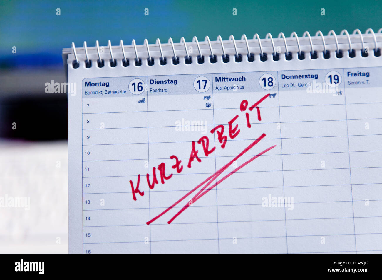 Appuntamento breve tempo entrata in un mese di calendario, Termin Kurzarbeit Eintrag in einem Monats Kalender Foto Stock