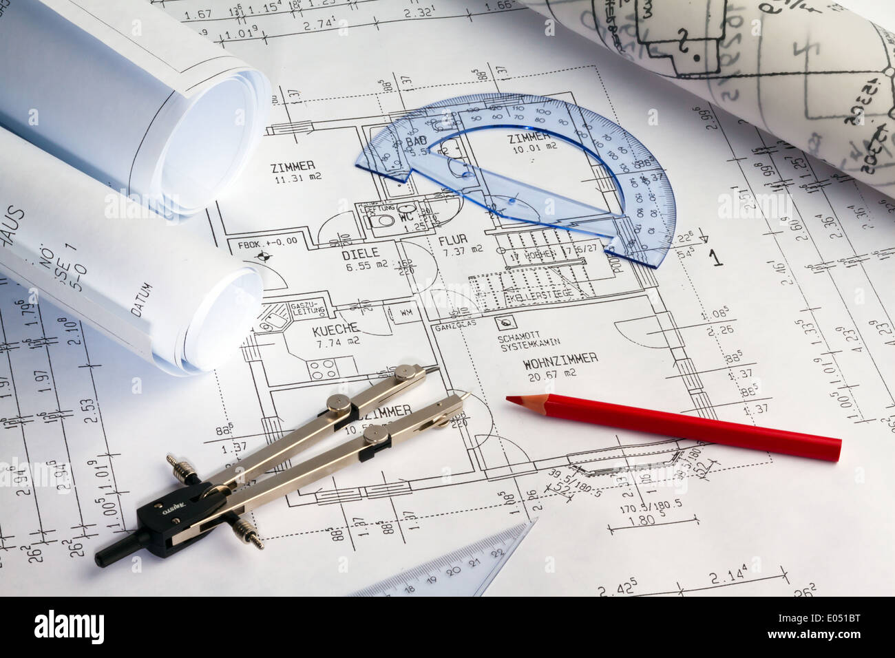 Architetto del piano di una casa di abitazione. Disegni e progetti di un architetto Foto Stock