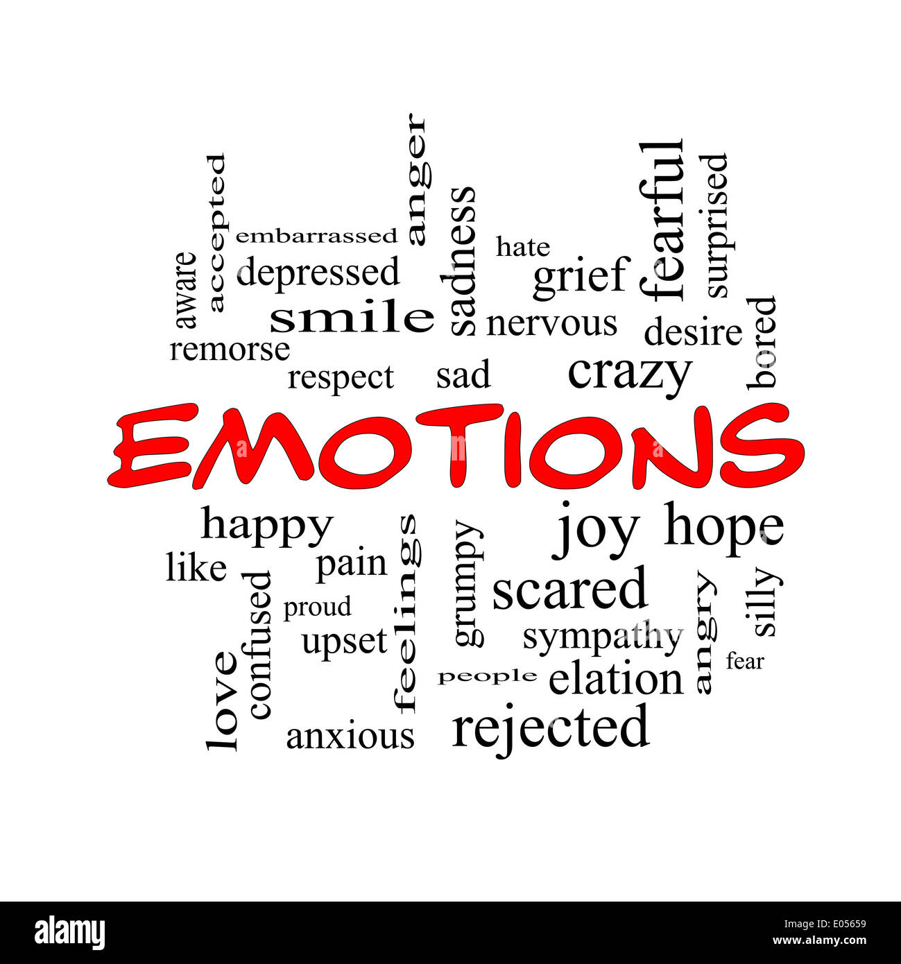 Emozioni di parola il concetto di cloud in cappucci rossi con grande  termini come triste, felice, di gioia e di più Foto stock - Alamy