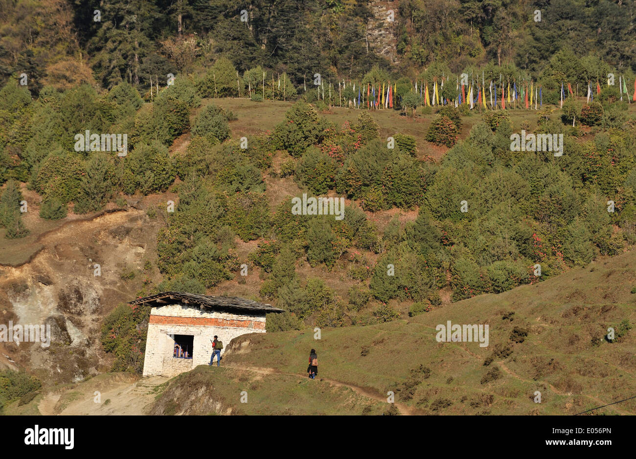Piccolo edificio alloggiamento ruote della preghiera, Merak e Sakteng trek, Est Bhutan Foto Stock
