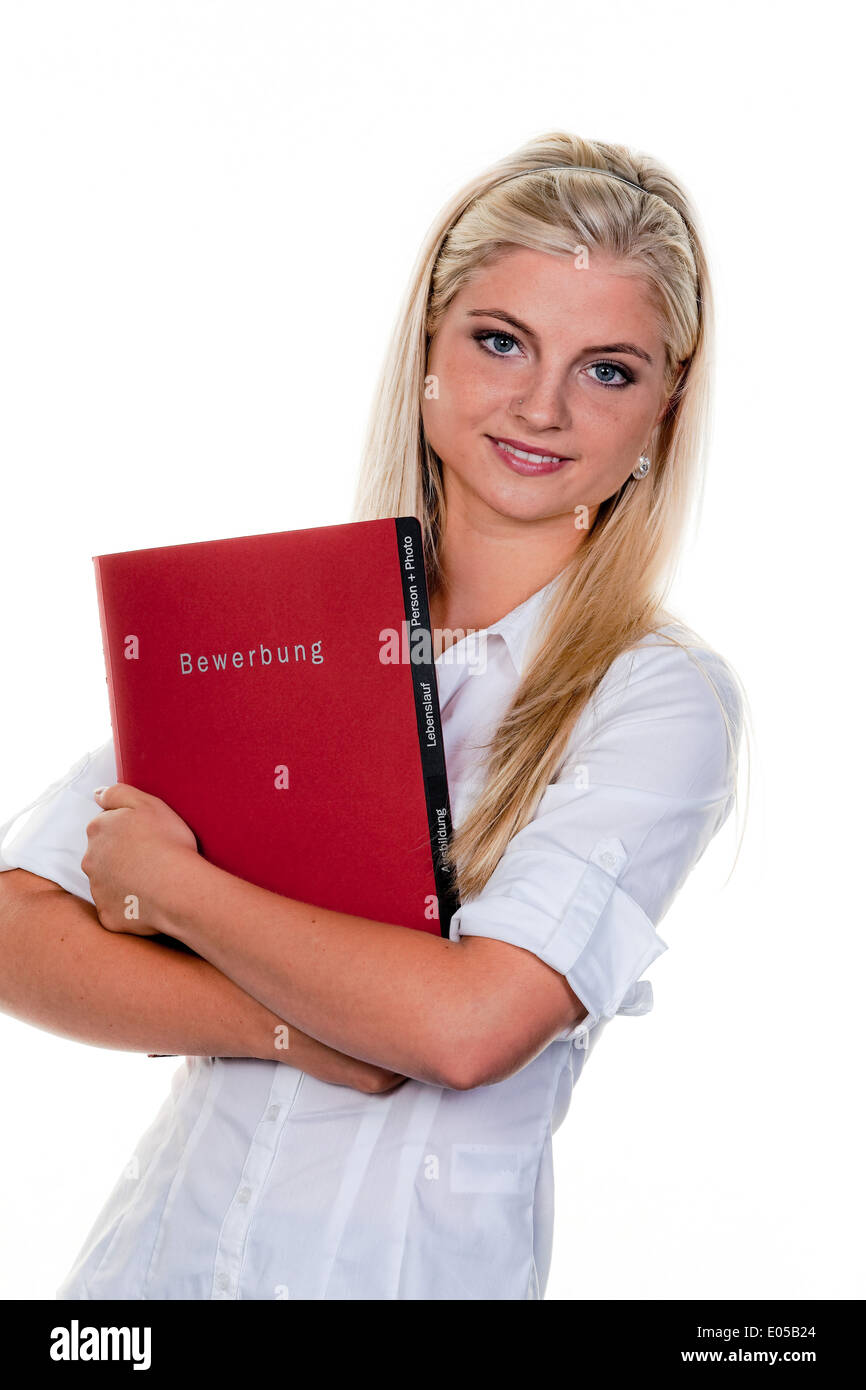 Giovane donna cerca lavoro con valigetta Bewerbungs:, Junge Frau sucht Arbeit mit Bewerbungs Mappe: Foto Stock