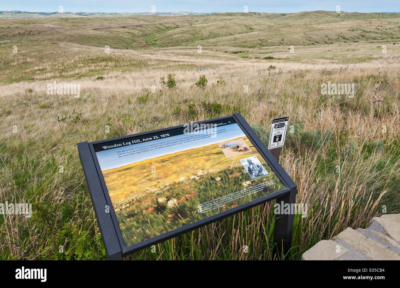 Montana, Little Bighorn Battlefield National Monument, gamba di legno Hill segno interpretative Foto Stock
