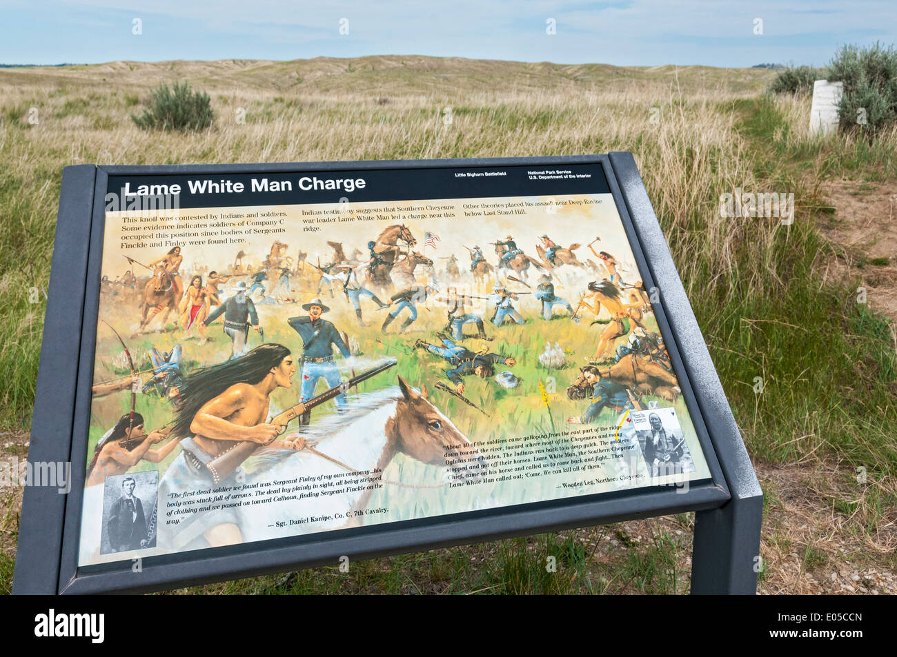 Montana, Little Bighorn Battlefield National Monument, zoppi uomo bianco, carica segno interpretative Foto Stock
