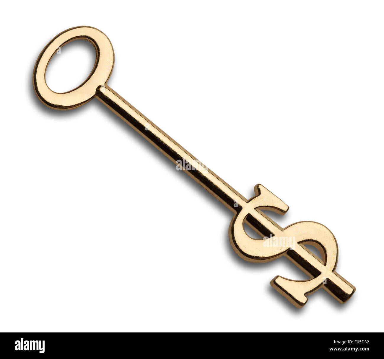 Metallo lucido chiave dorata con simbolo del dollaro isolati su sfondo bianco. Foto Stock
