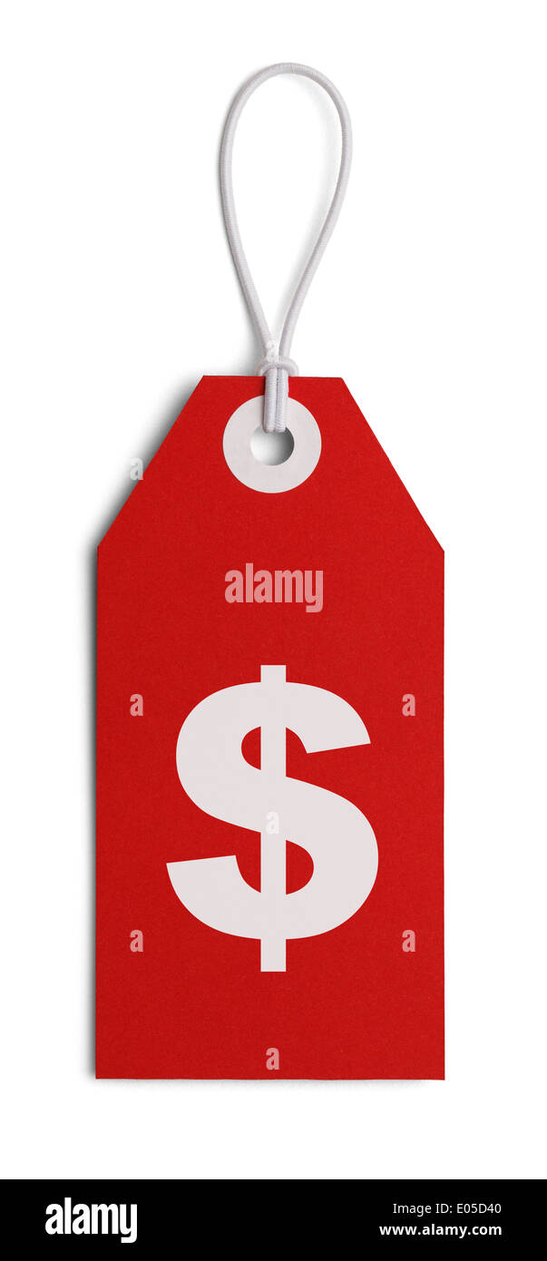Grande etichetta rossa con il simbolo di denaro isolato su sfondo bianco. Foto Stock