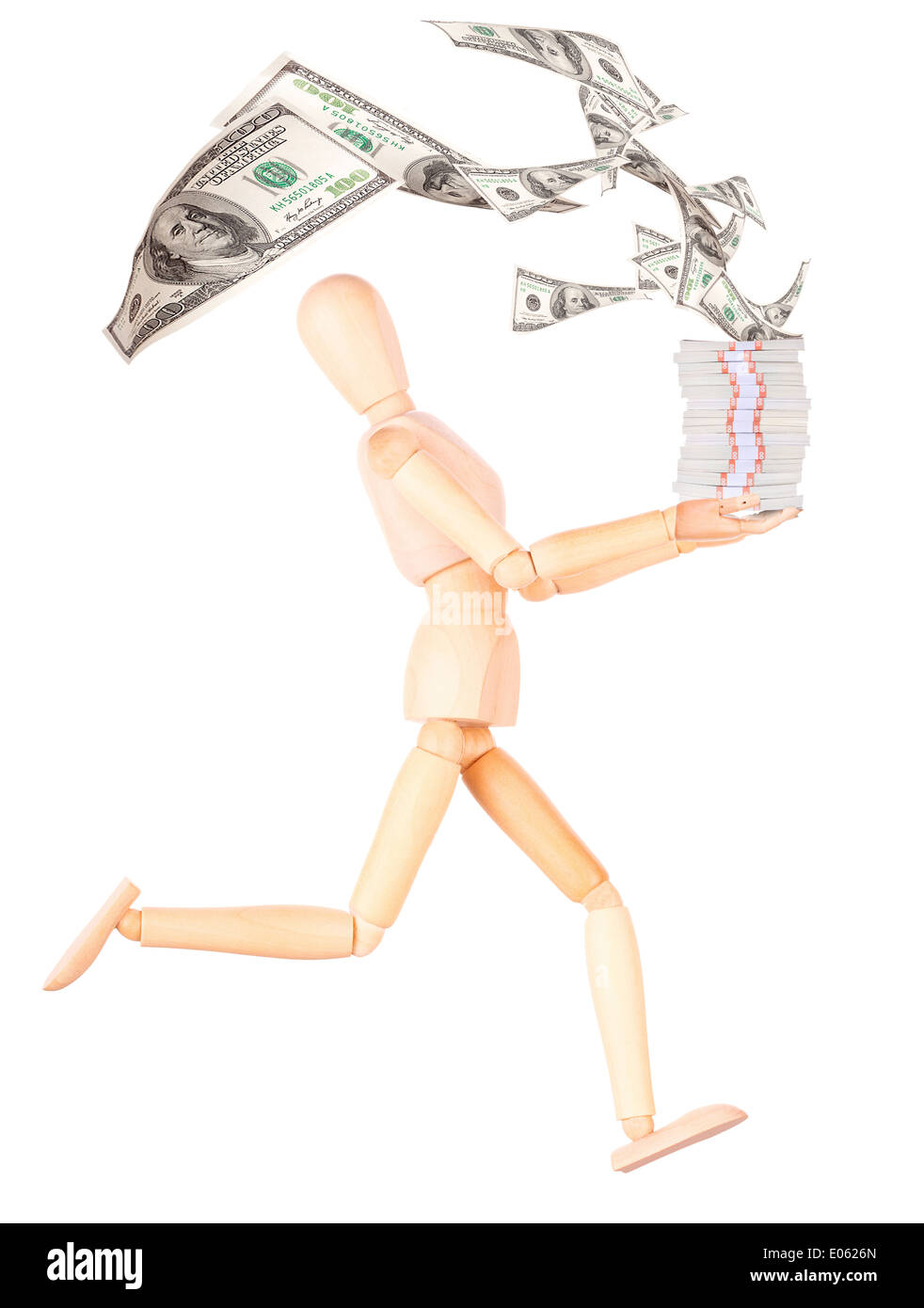 Manichino di legno uomo d affari che mostra molto denaro isolato Foto Stock