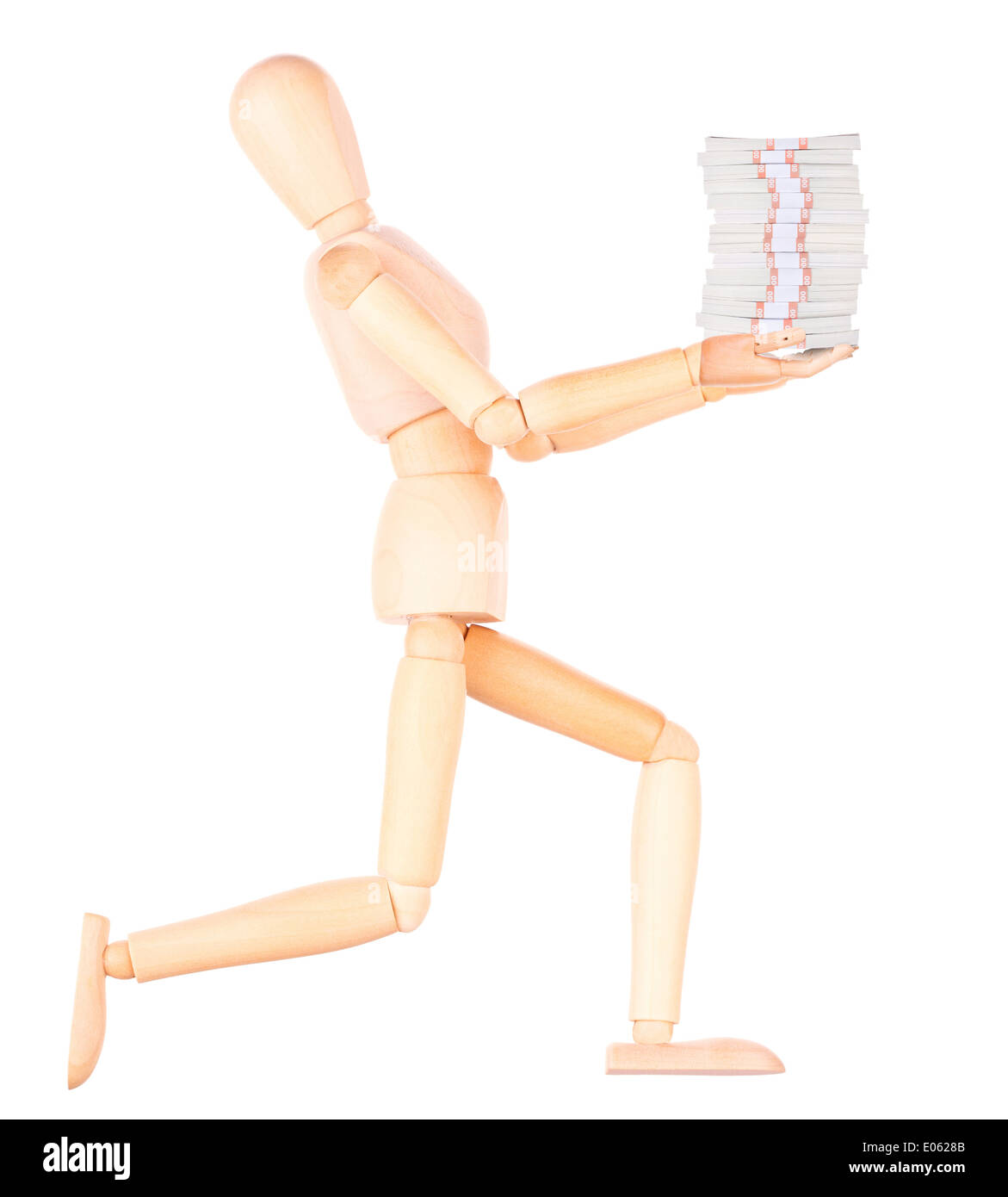 Manichino di legno uomo d affari che mostra molto denaro isolato Foto Stock