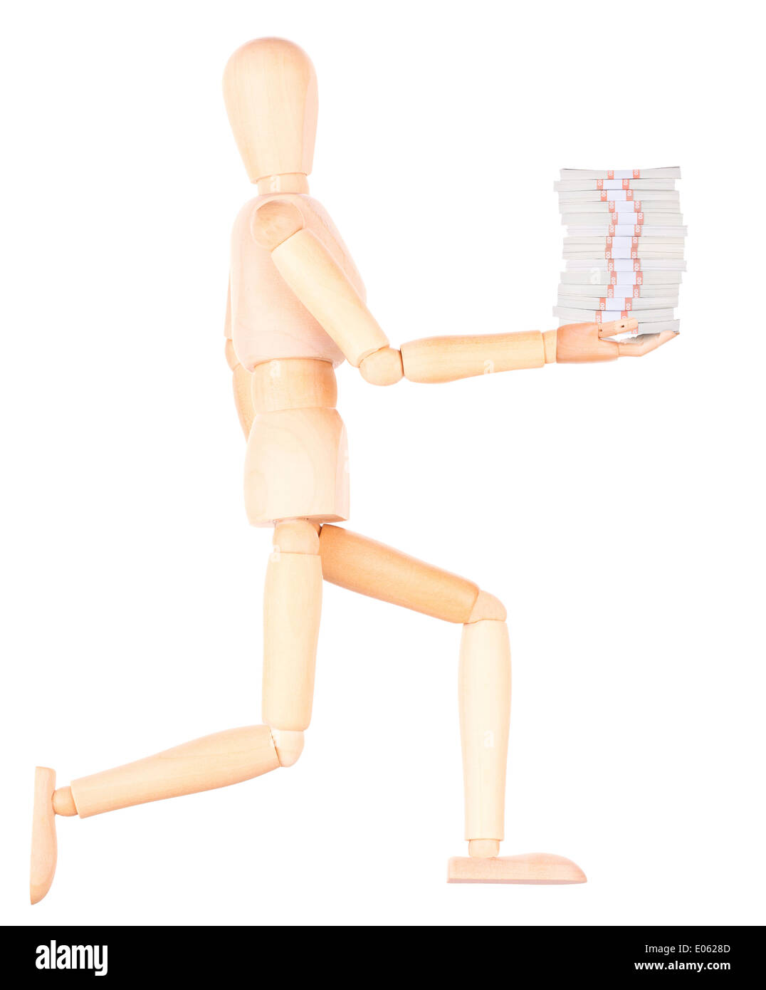 Manichino di legno uomo d affari che mostra molto denaro isolato Foto Stock