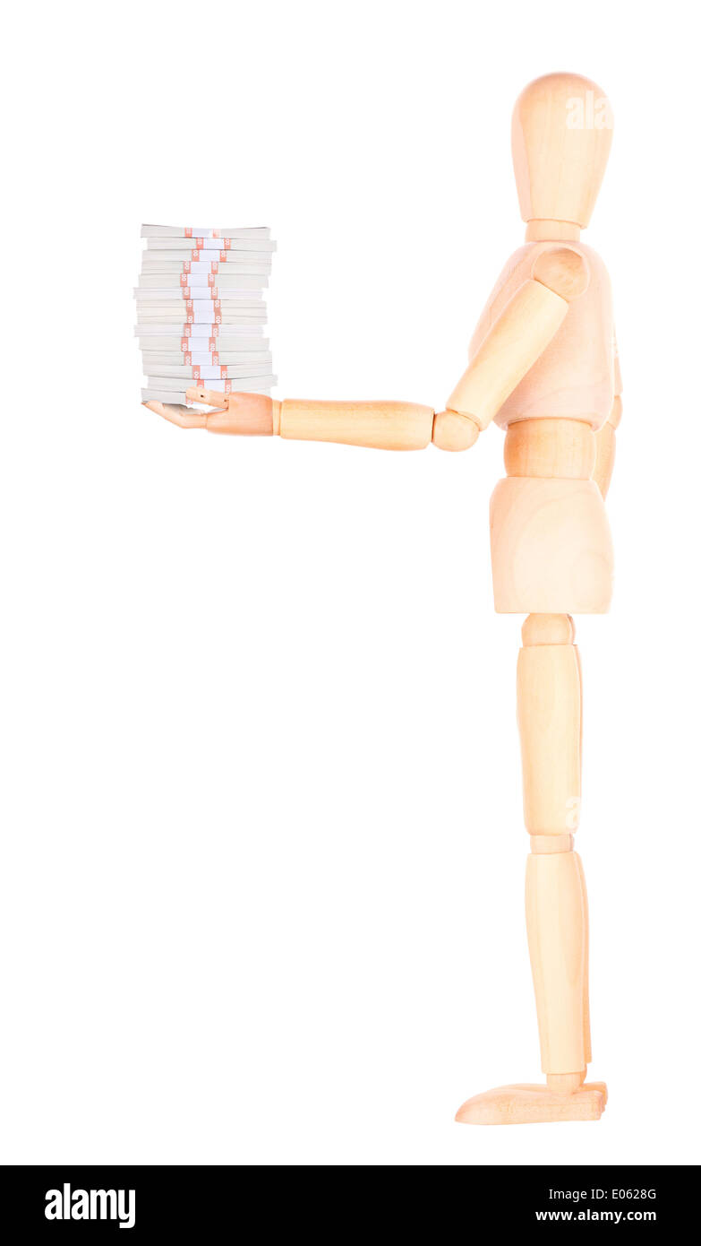 Manichino di legno uomo d affari che mostra molto denaro isolato Foto Stock