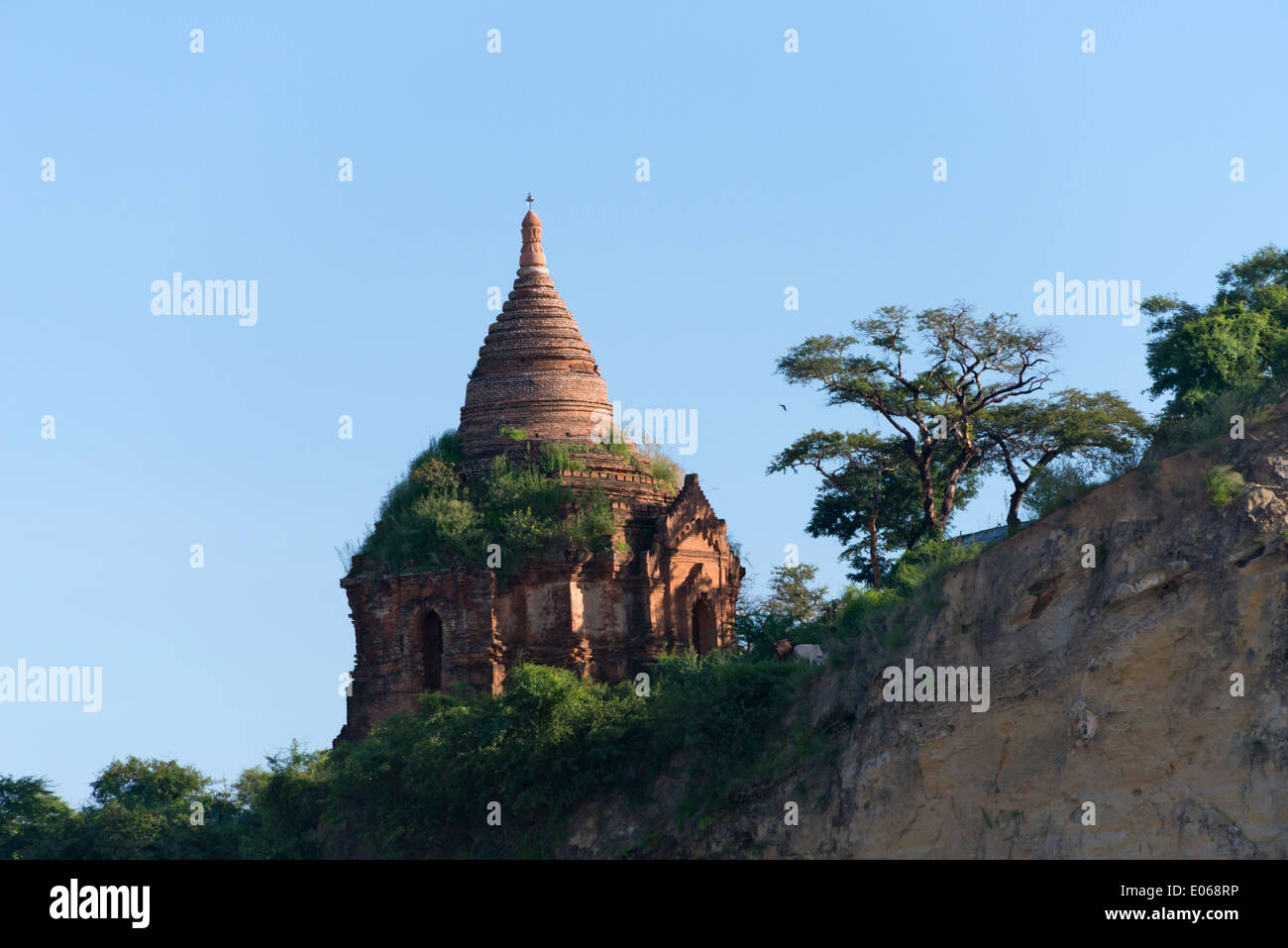 Templi sulla scogliera lungo il fiume Ayarwaddy, Bagan, Myanmar Foto Stock