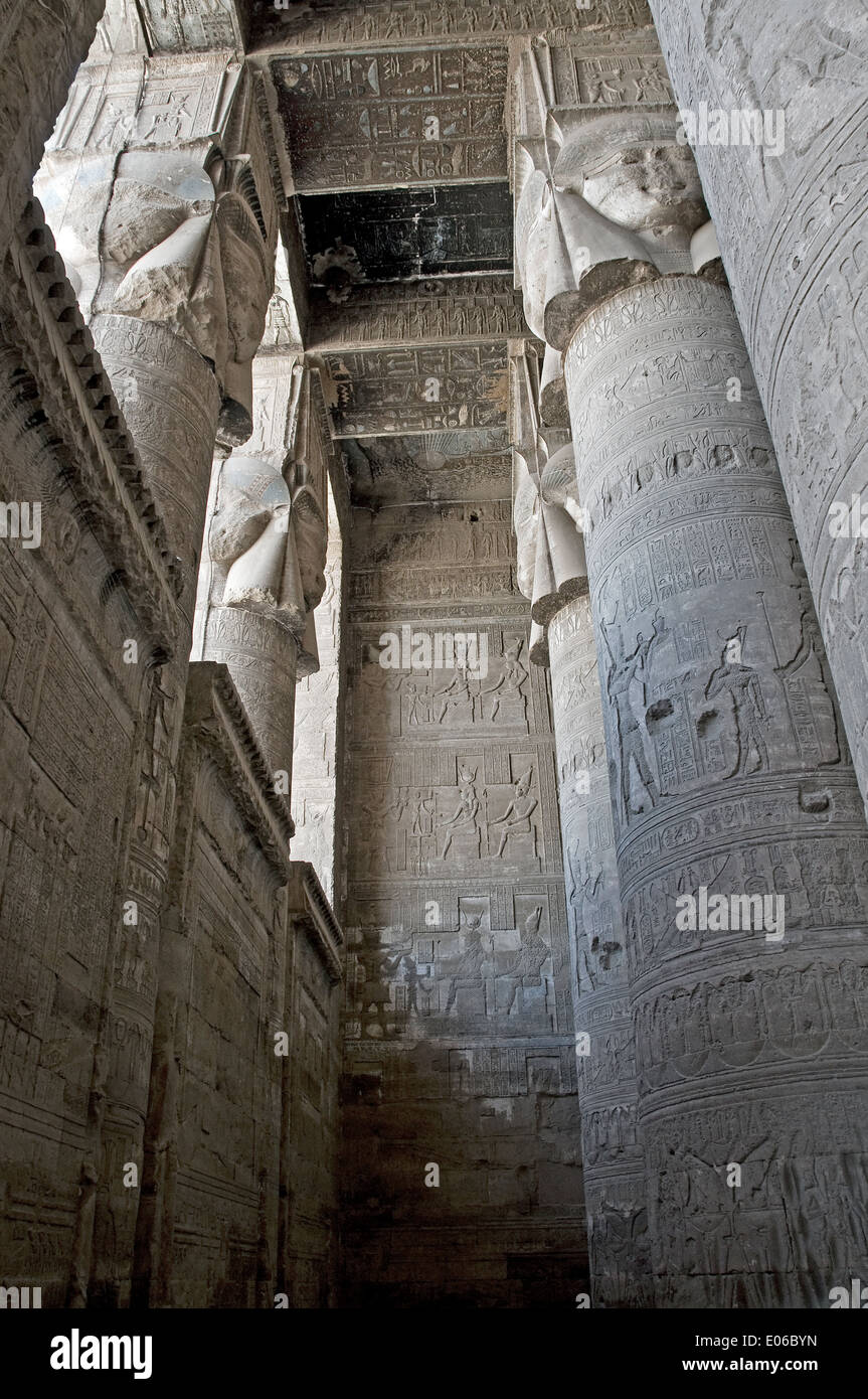 L'Egitto,Dendera,tempio tolemaico della dea Hathor.Vista del soffitto e le colonne in hypostyle hall. Foto Stock