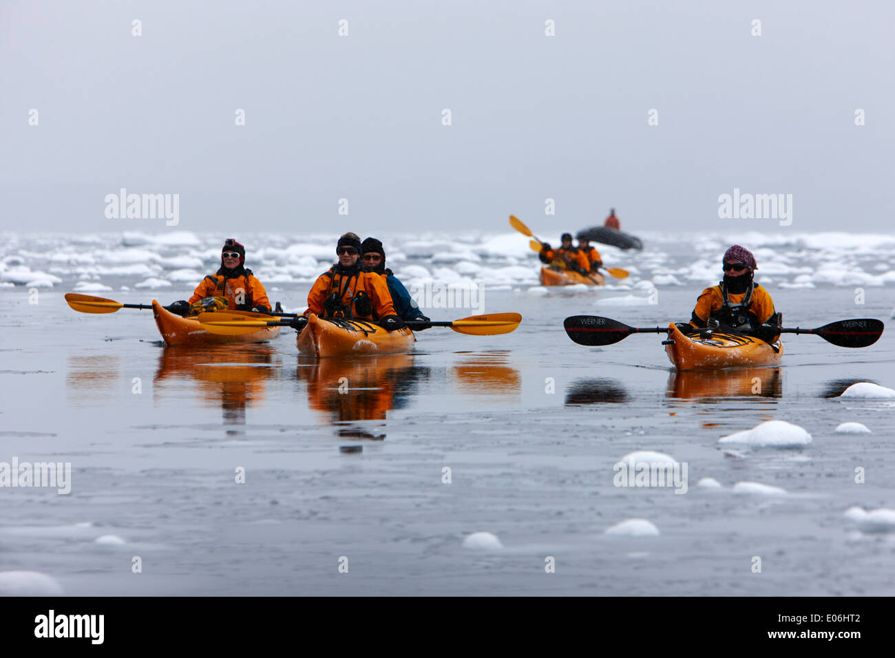 Imbottitura kayakers attraverso insolente ghiaccio e acqua aperto su un'escursione nelle acque antartiche Foto Stock