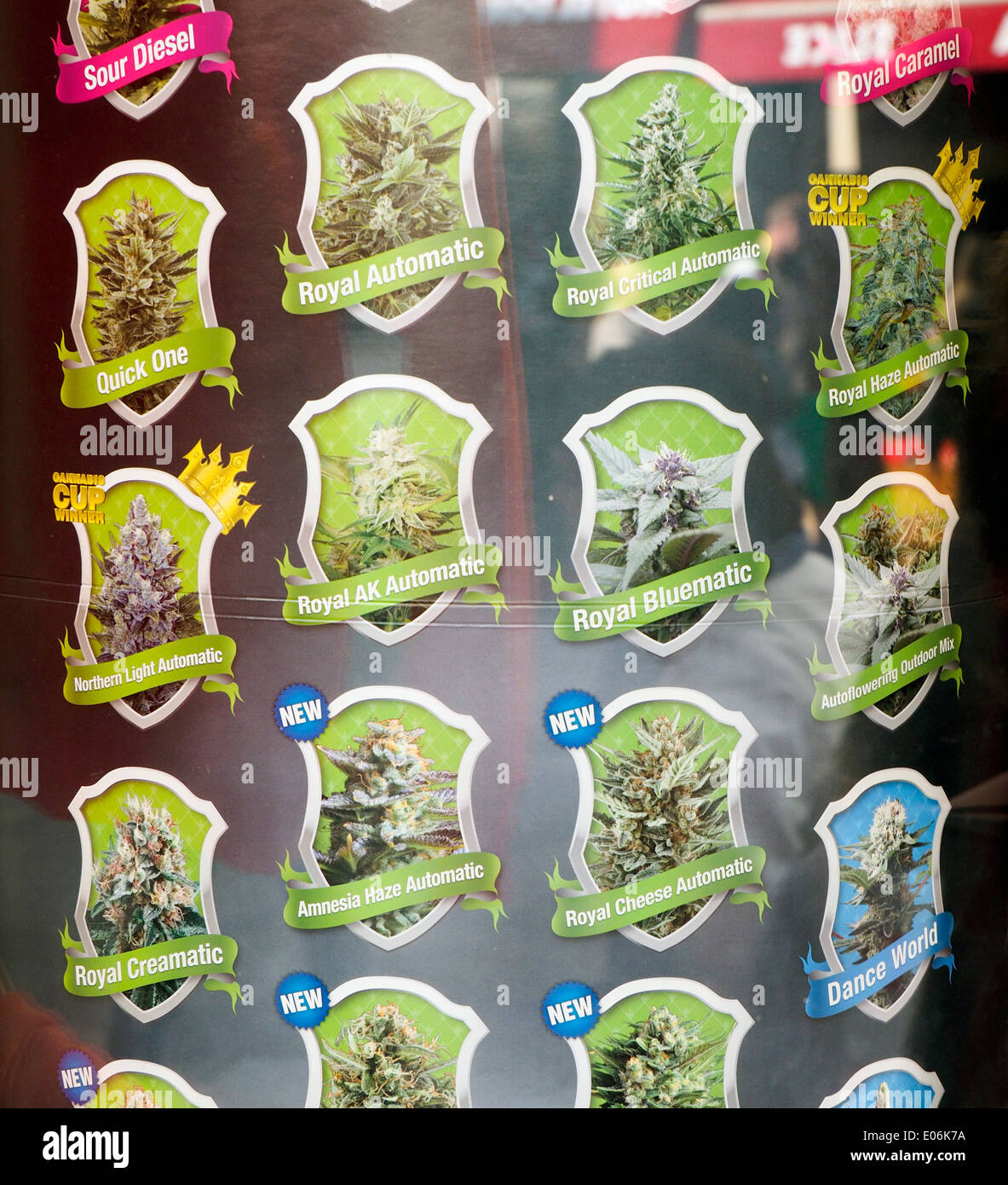 Segno per vari tipi di Cannabis in Amsterdam finestra Archivio Foto Stock
