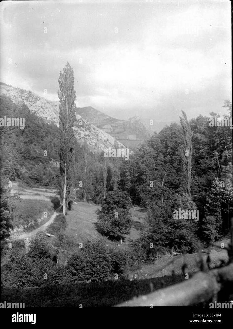 Questo dipinto di paesaggio, "Peupliers près de Saurat, Ariège", cattura la serena bellezza della campagna francese, mostrando pioppi vicino a Saurat, nella regione di Ariège. Riflette lo splendore naturale della Francia rurale. Foto Stock