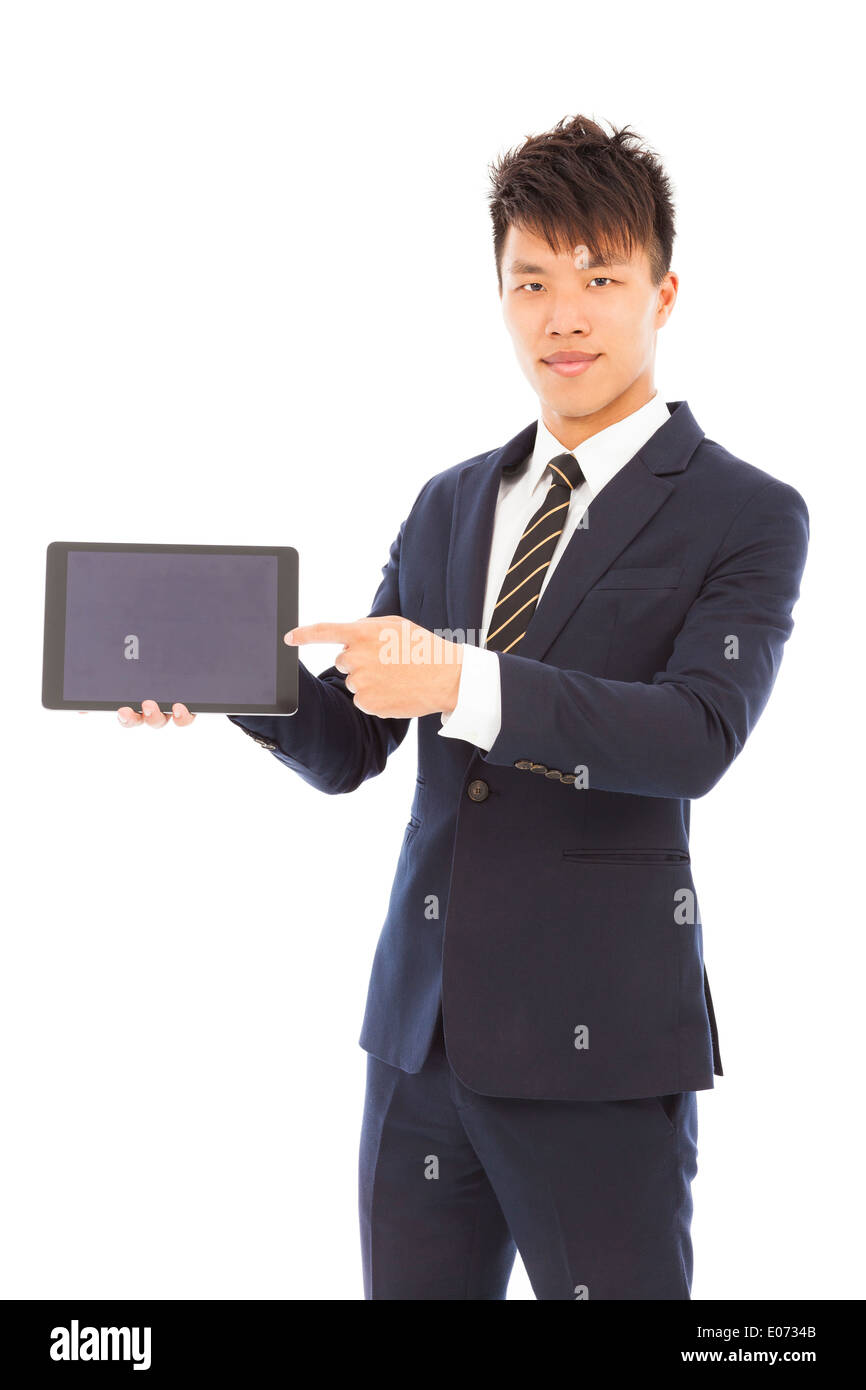 Imprenditore tenendo un tablet per la presentazione Foto Stock