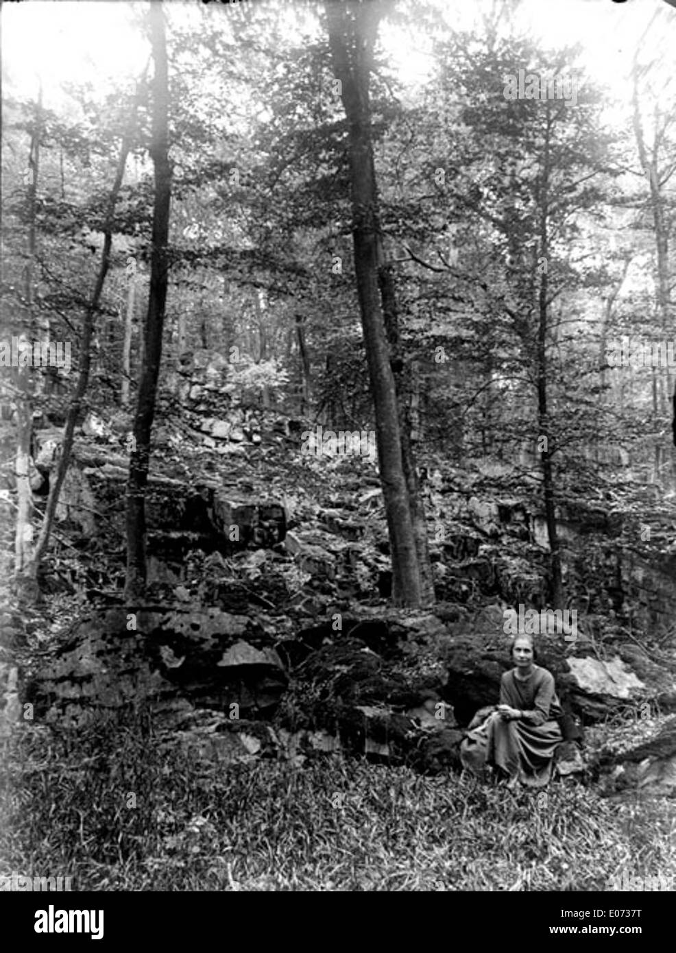Questo dipinto raffigura una donna seduta su rocce in un bosco, circondato da alberi. Il pezzo cattura un paesaggio tranquillo e naturale, sottolineando il rapporto tra la figura e l'ambiente. Foto Stock