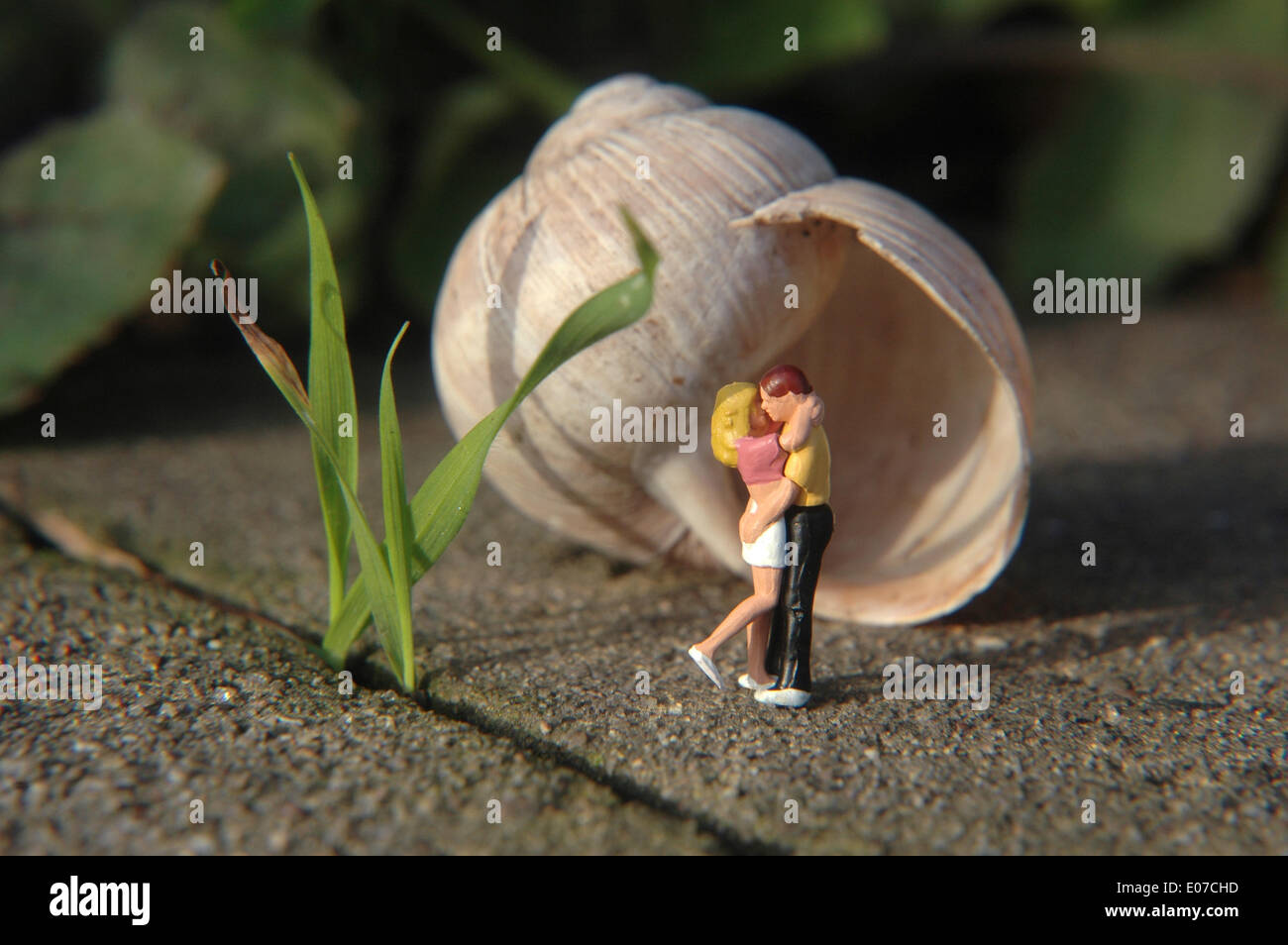 Illustrazione - Midget cifre di una coppia in piedi di fronte a una lumaca shell in Germania, 20 novembre 2009. Fotoarchiv für Zeitgeschichte/Steinach - NESSUN SERVIZIO DI CABLAGGIO Foto Stock
