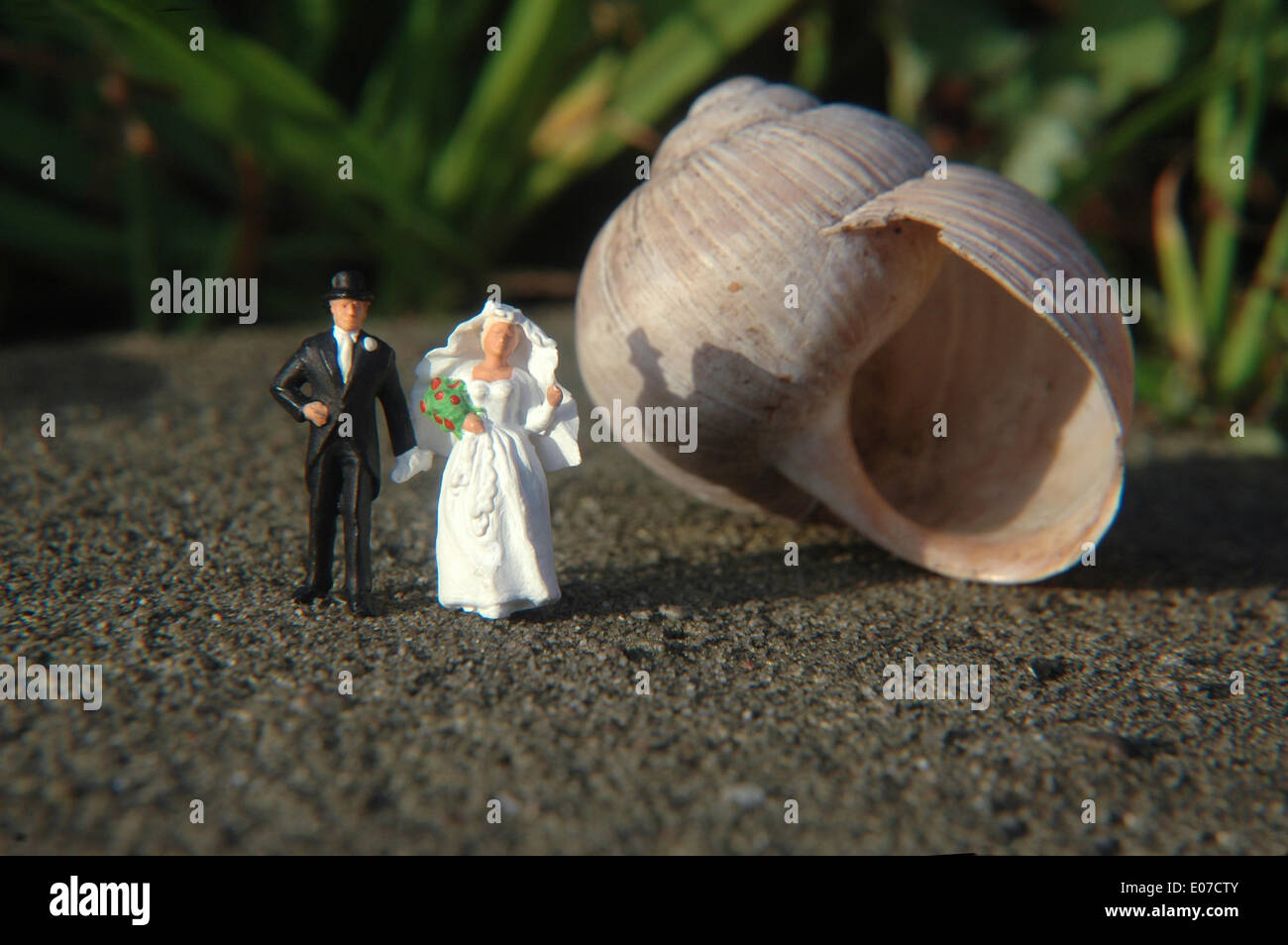 Illustrazione - Midget figure di una coppia di nozze stand di fronte a una lumaca shell in Germania, 20 novembre 2009. Fotoarchiv für Zeitgeschichte - SENZA FILI Foto Stock