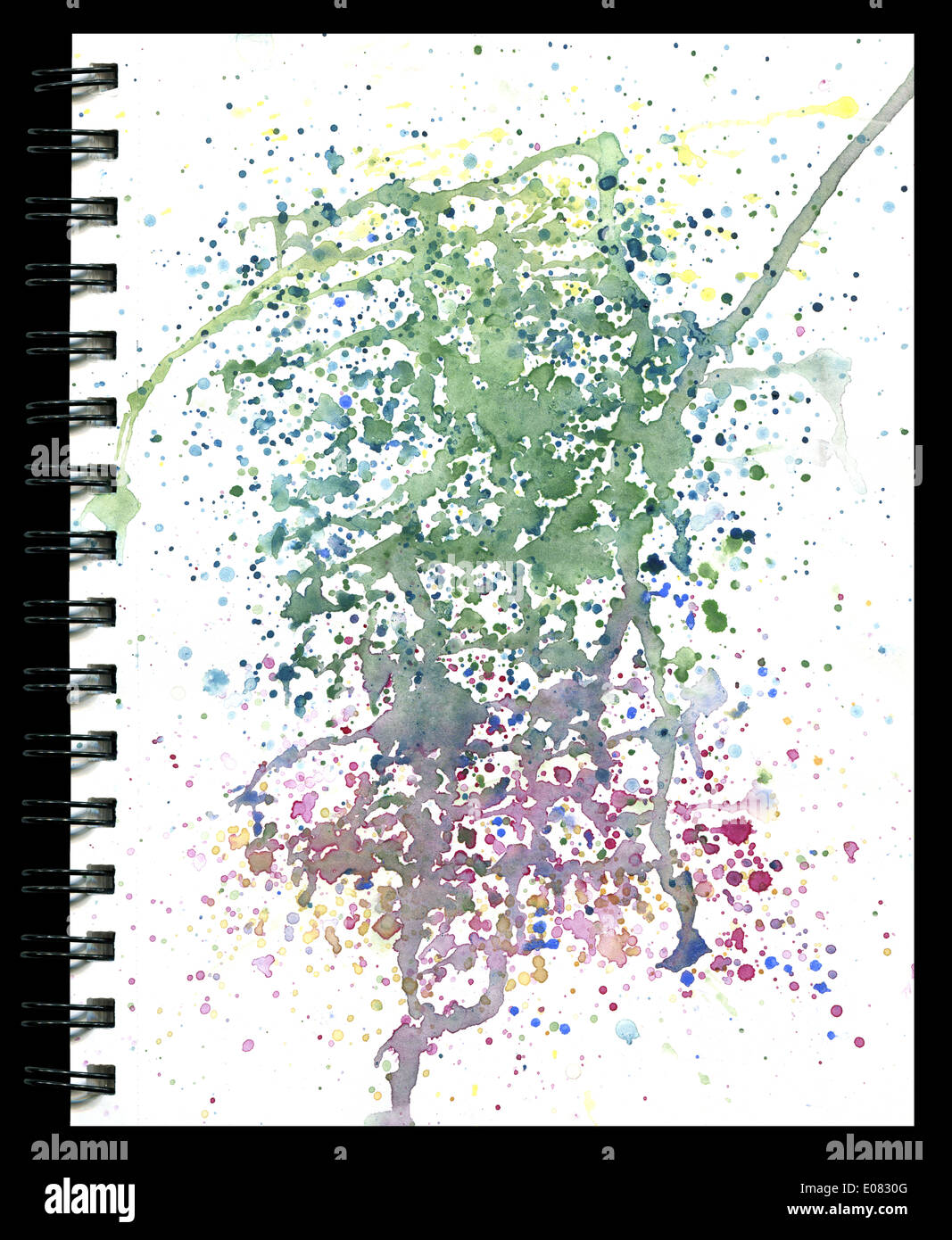 Splatter pad texture acquerello su un blocco note isolate su nero. Splatter su un blocco note in verde e viola. Foto Stock