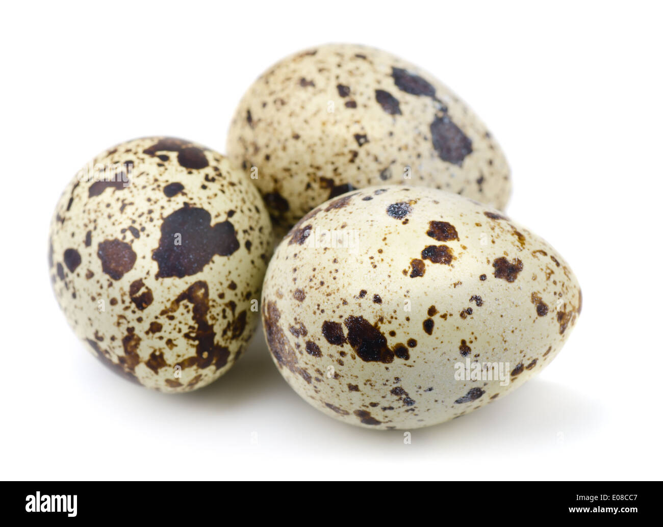 Tre uova di quaglia isolato su bianco Foto Stock