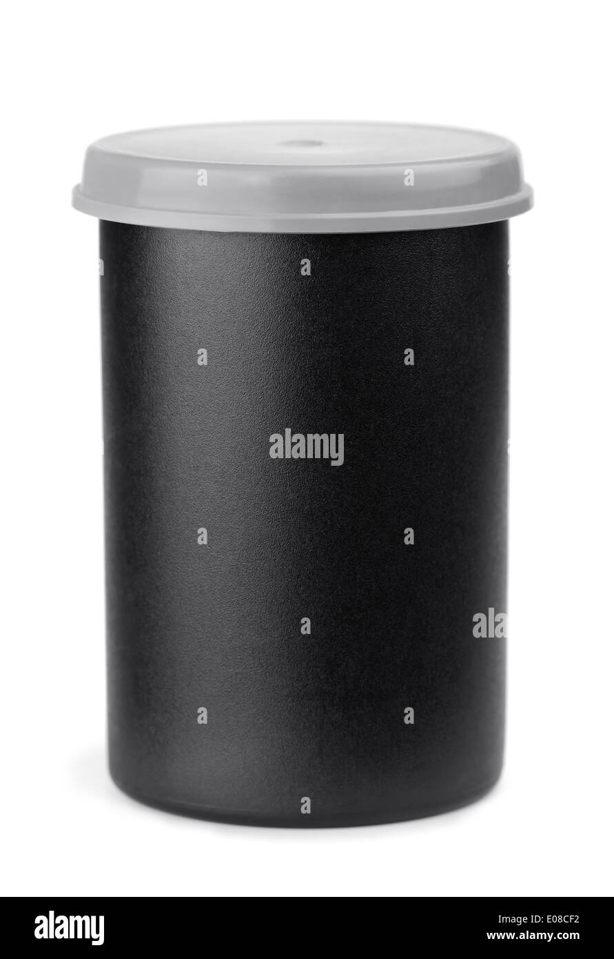 In plastica nera rotolo pellicola caso isolato su bianco Foto Stock