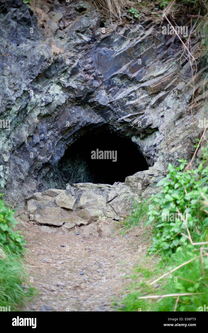 Tunnel di ingresso a quella dell'ex miniera di manganese a Porth Ysgo, Aberdaron parzialmente murate Foto Stock