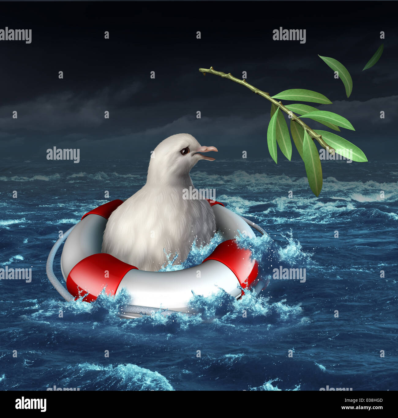 Crisi diplomatica e guerra il concetto di emergenza con un annegamento colomba bianca in un oceano durante una tempesta di perdere il suo ramo di olivo come metafora per la perdita di opportunità per la pace e i diritti umani la protezione risultante più in tempo di guerra la sofferenza. Foto Stock