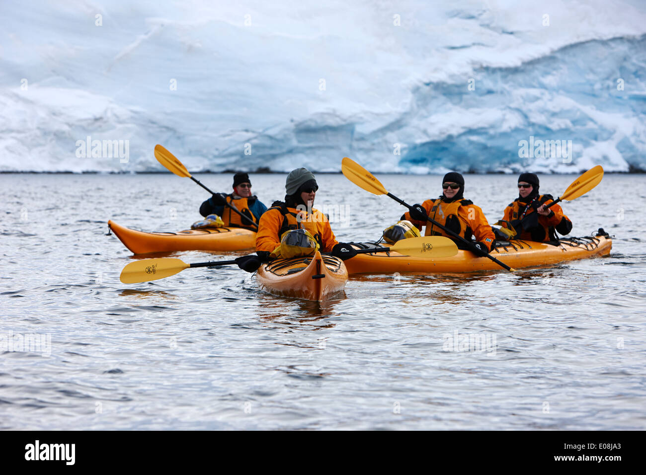 Gruppo di sea kayakers in Port Lockroy antartide Foto Stock