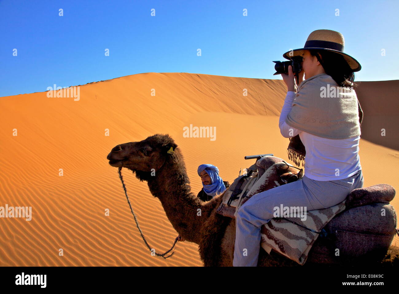 Tourist sul cammello tenendo fotografia, con uomo berbero, Marocco, Africa Settentrionale, Africa Foto Stock