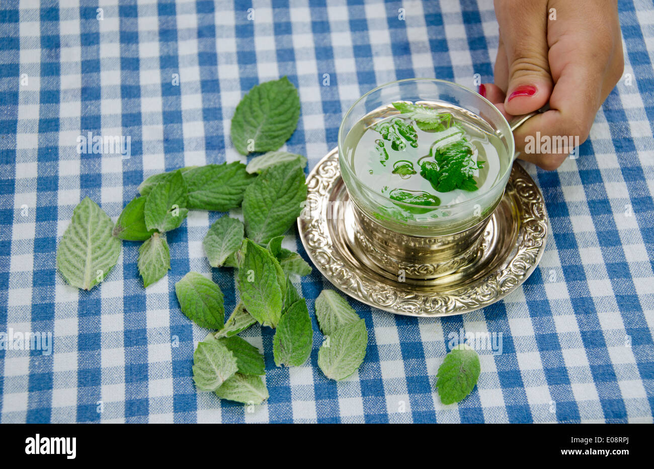 Donna tenere in mano tazza di maneggiare con la guarigione aromatico rilassante tè alla menta Foto Stock