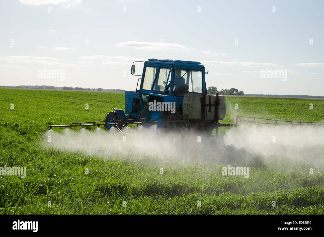 Il trattore spray fertilizzare il campo con insetticidi erbicidi chimici in campo agricolo e di sera la luce del sole. Foto Stock