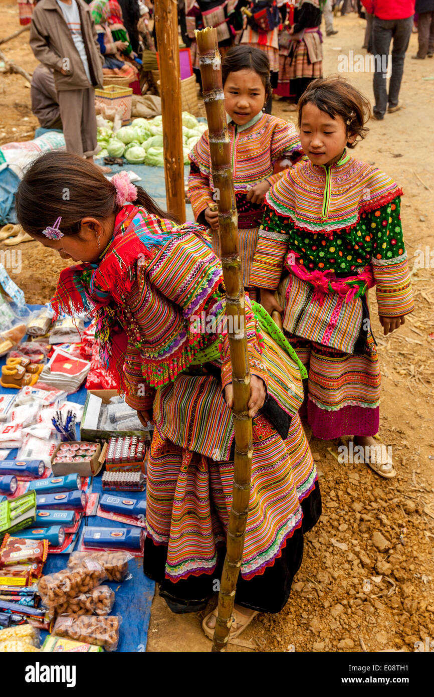 Bambini da fiore Hmong tribù collina guarda le merci per la vendita, può cau mercato etnico, Lao Cai Provincia, Vietnam Foto Stock