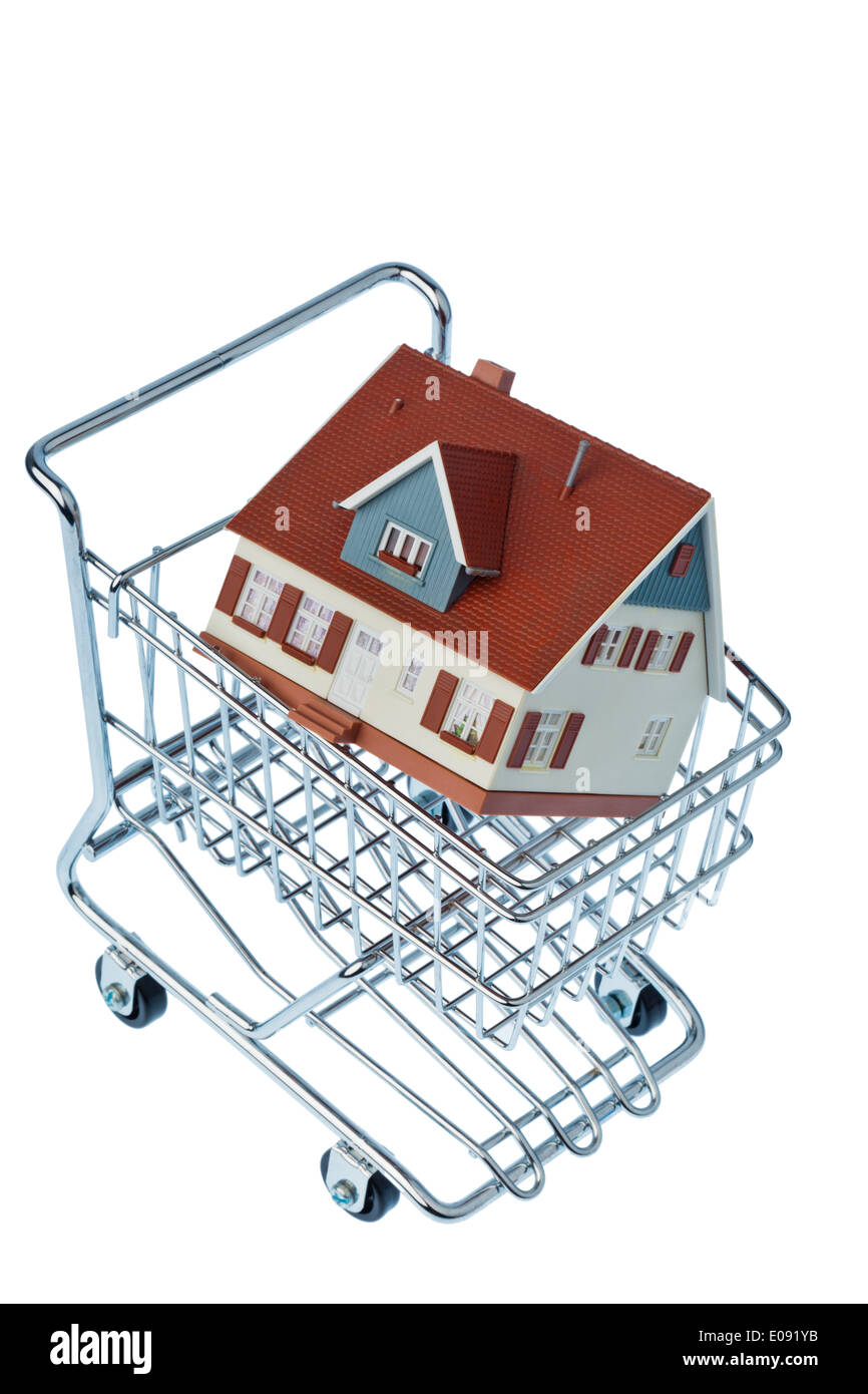 Un modello di una casa in un carrello della spesa. Foto simbolico fue acquisto casa., Ein Modell eines Hauses in einem Einkaufswagen. Symbo Foto Stock