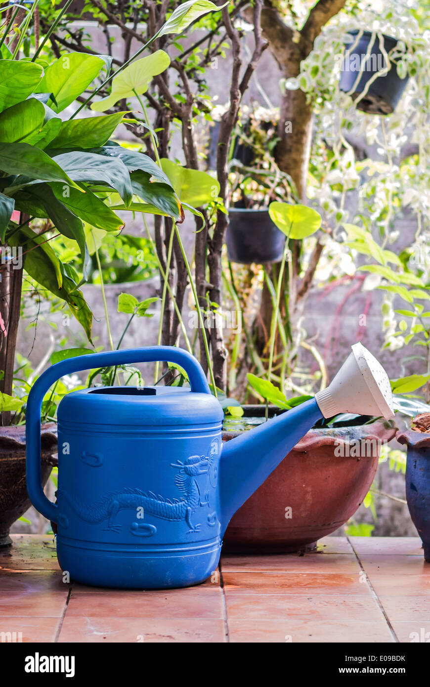Ancora la vita di innaffiamento blu in giardino . Foto Stock