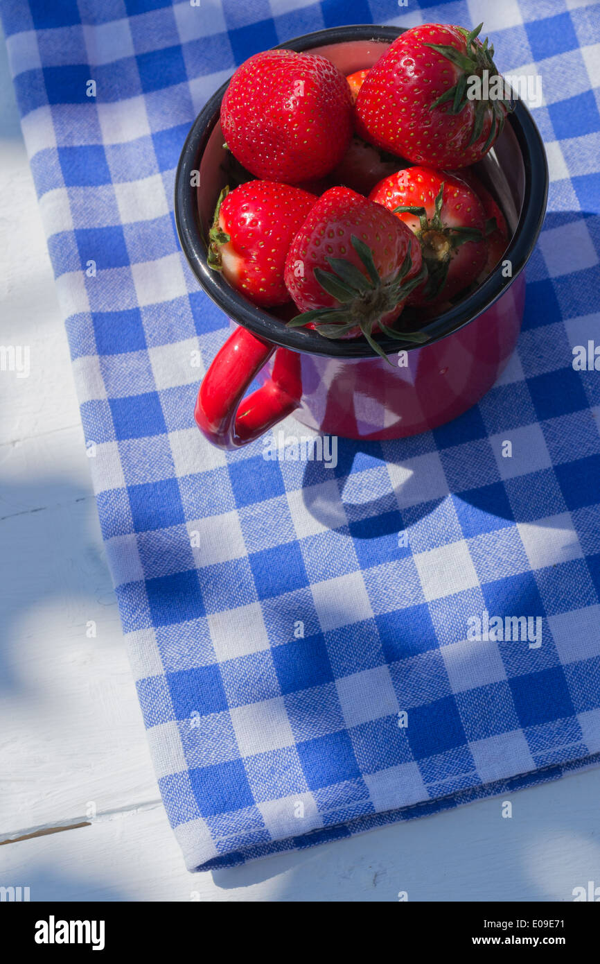 Un piccolo rosso vaso riempito con le fragole su un blu e bianco a scacchi in canovaccio. Foto Stock