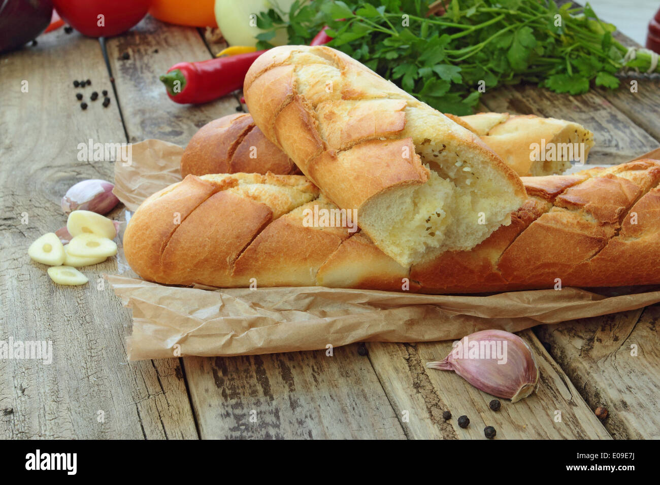 Close up di aglio croccante baguette Foto Stock