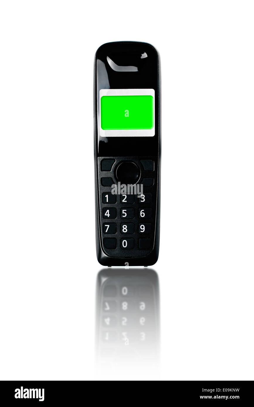 Telefono wireless. Telefono cordless con schermo verde di visualizzazione e di riflessione su sfondo bianco. Foto Stock