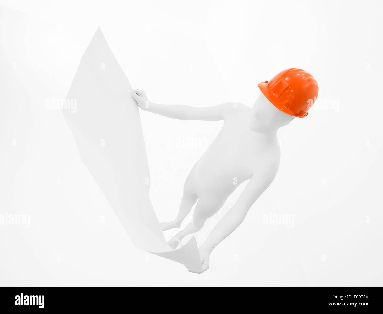 L'uomo senza volto vestito di bianco con orange casco sulla sua testa, corpo pieno, cercando blueprint, vista dall'alto Foto Stock